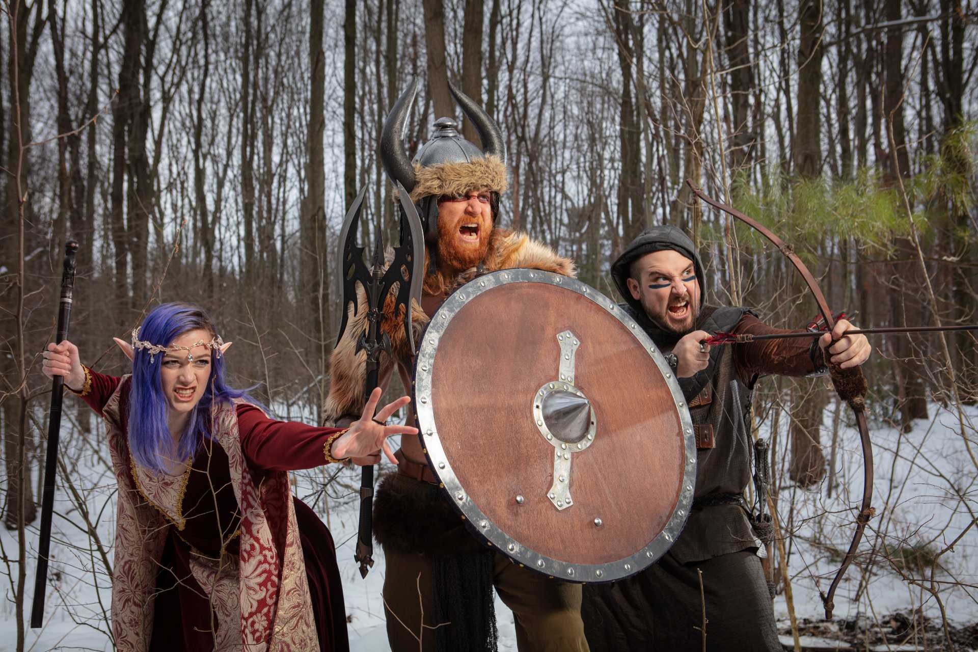 An elf, a warrior, and an archer in a dungeons and dragons world pose ready for battle.